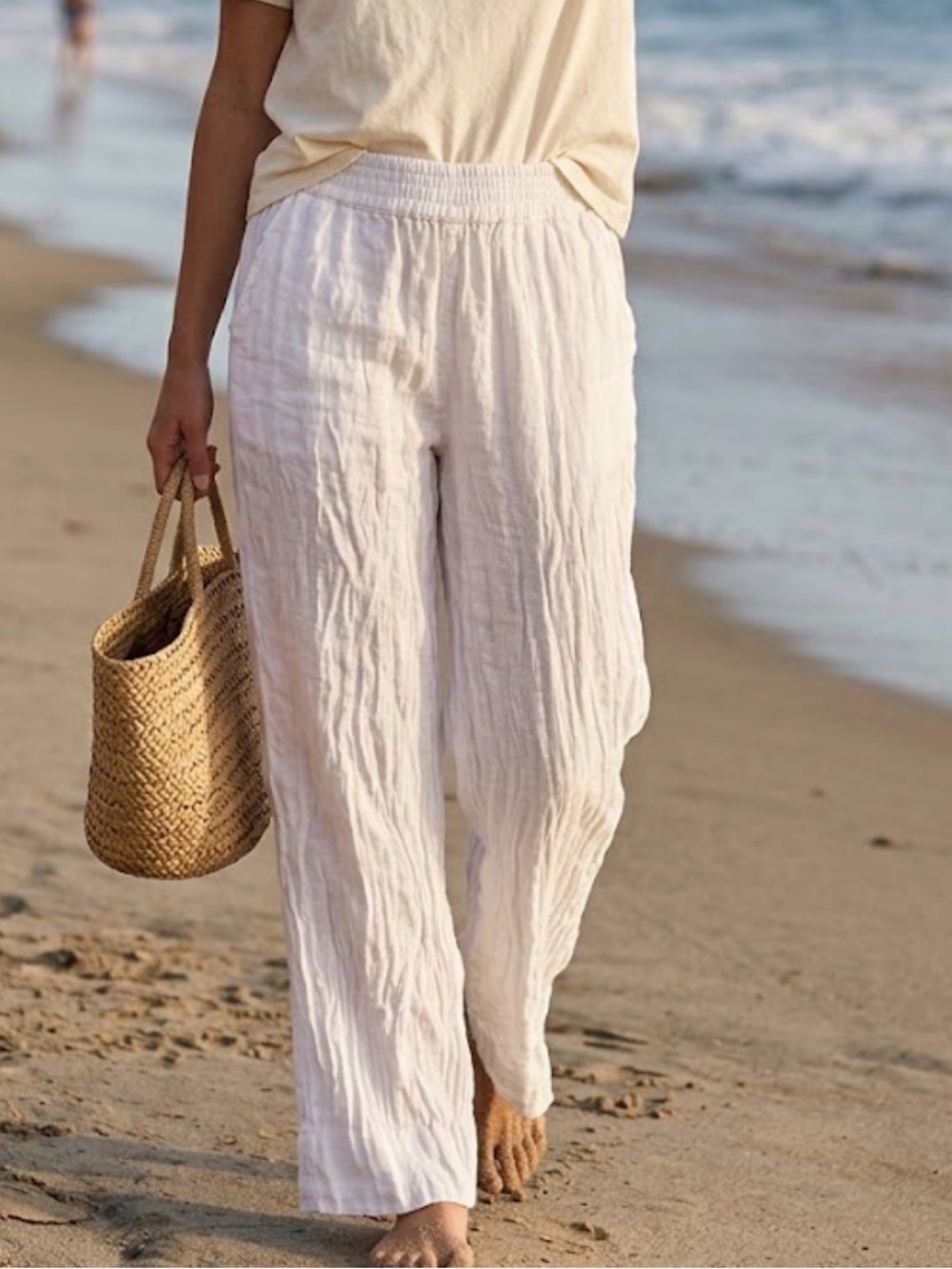 C&C California Cream Wide-Leg Linen-Blend Pants